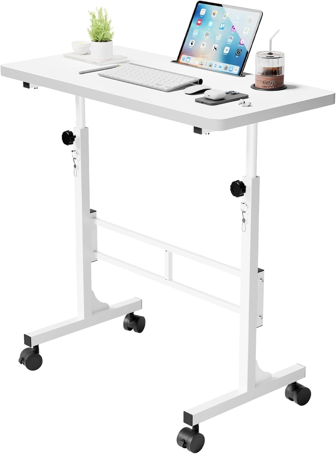 MONGJI Small Portable Standing Desk Adjustable Height, Mobile Stand Laptop Computer Workstation with Lockable Wheels for Walking Pad Treadmill (White)