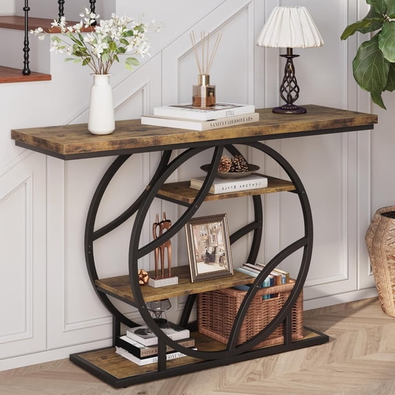 MONGJI Table for Foyer,41.3 Inch Industrial Narrow Console Table,Accent Decor Living Room Furniture,Hallway & Sofa Table for Entrance,4-Tier Storage Shelves,Metal Frame,Thick Wood Top