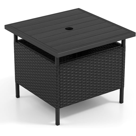 MONGJI Umbrella Table, Outdoor Side Table with 2" Umbrella Hole, Rattan Umbrella Stand Holder, Heavy Duty Metal Frame, Patio Bistro Table for Deck Garden Poolside, Black (HDPE Tabletop)