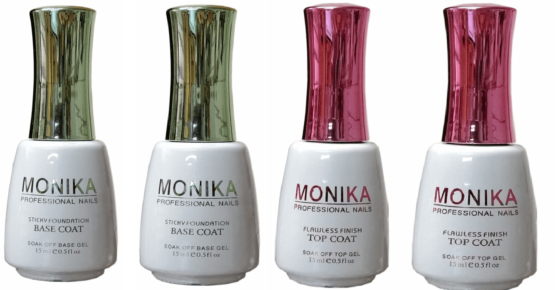 MONIKA Professional - UV/LED Soak off Gel 2 (No-Wipe) TOP COAT & 2 BASE COAT - 0.5 fl.oz/15mL