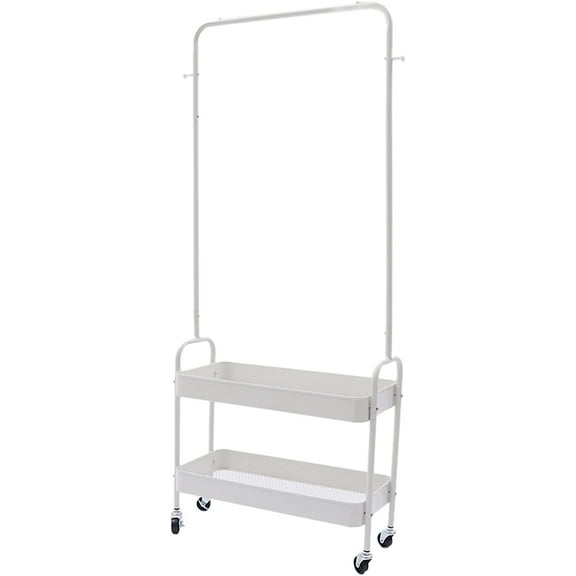 MONIPA 2 Tier Clothing Display Garment Rack Rod Free Standing Closet Storage Organizer With Metal Basket Rolling Storage Cart (White)