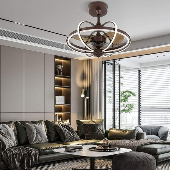 MONIPA 23 Inch Modern Minimalist Fan Hanging with Remote Control Dimmable Three Color Dimming Suspension Type Ceiling Light (Dark Brown)