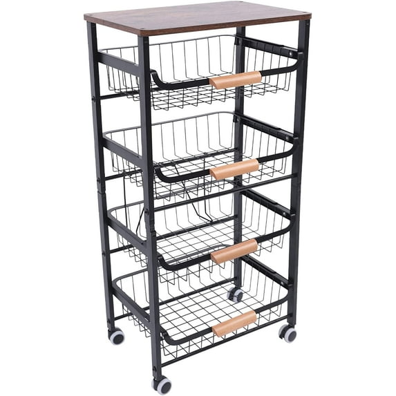 MONIPA 4 Tier Slim Organization Basket Cart Metal with Casters Storage Rack for Kitchen, Pantry, Laundry