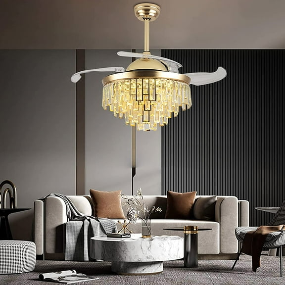 MONIPA 42" Crystal Ceiling Fan with Light, Modern Luxury Invisible Fandelier Fan Retractable Blades with Remote Control 3 Colors 3 Speeds for Bedroom Living Room (Gold)