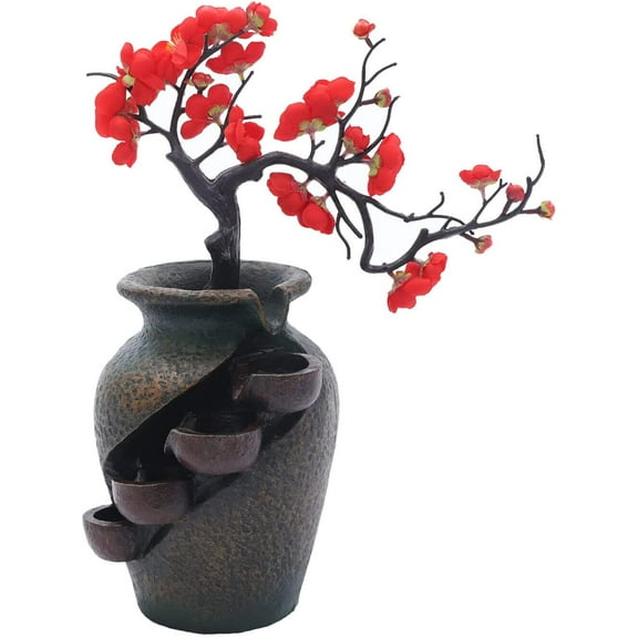 MONIPA Flower Vase Craft Creative Feng Shui Desktop Flowing Water Waterfall Classical Room Decoration LED Lighting Water Sound Relaxation for Home Office Decor
