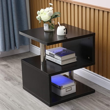 MONIPA LED High Gloss S-Shaped Coffee Table Modern Side Table W/Drawer End Table for Home, Office, Living Room (Black)