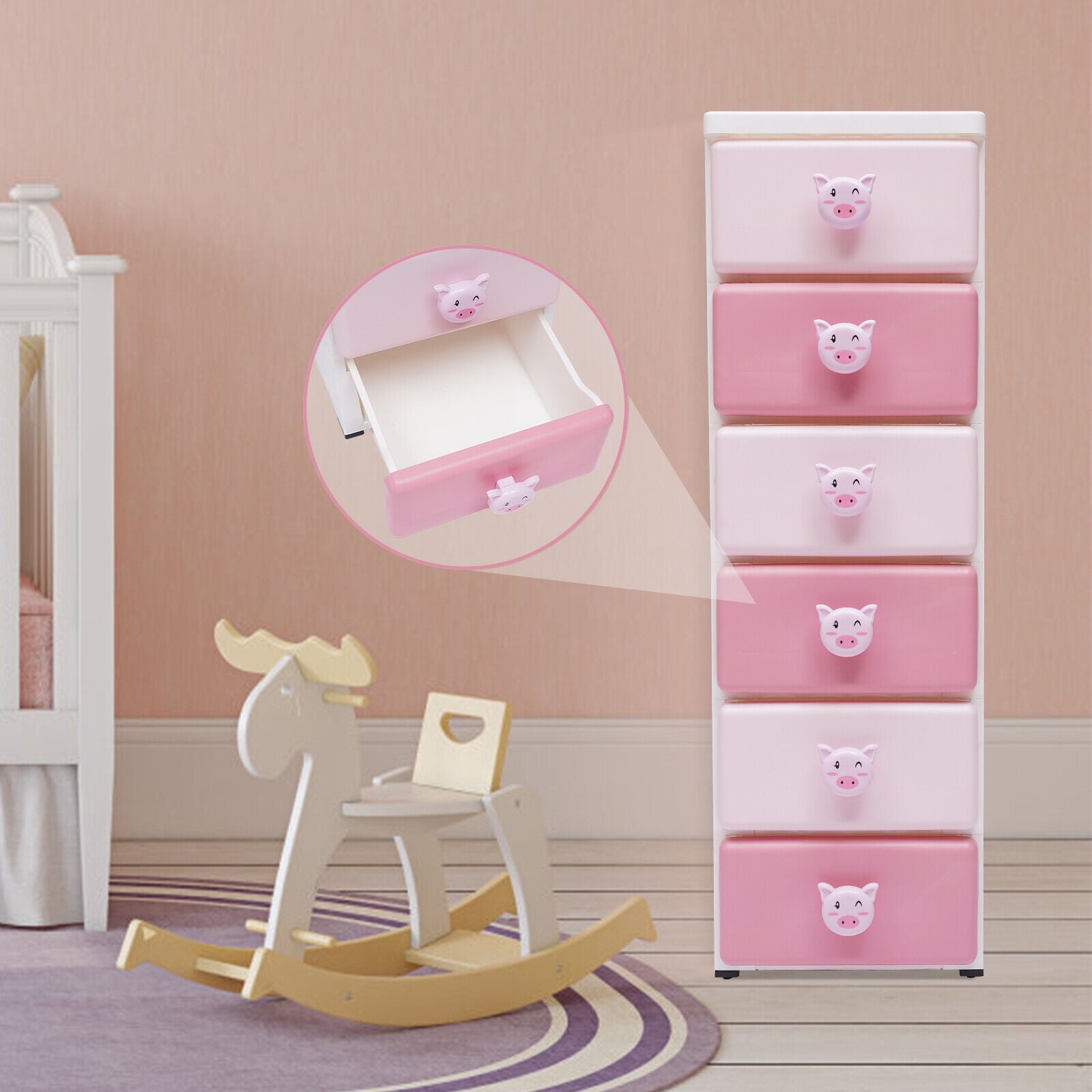 MONIPA Pink Pig Handle 6 Drawers Dressers Chests with Wheels Plastic