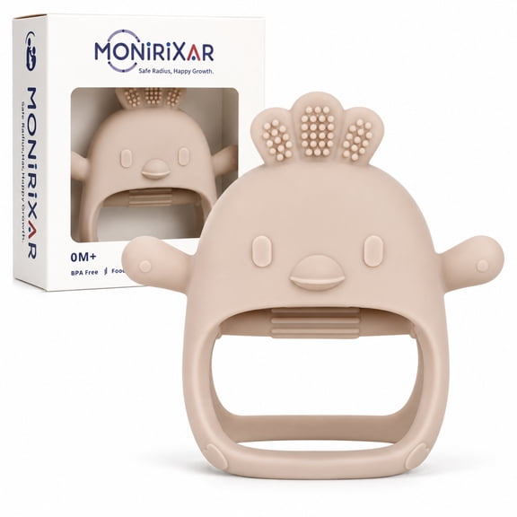 MONIRIXAR Silicone Baby Teether,Easy-Grip Multi-Texture Teething Toy for 0+ Months,BPA-Free,Beige