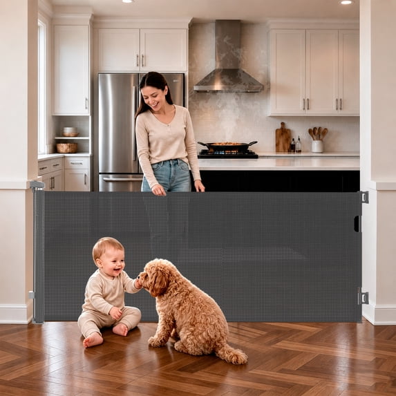 MONIRIXAR Retractable Baby Gate, 71" Extra Wide Mesh Dog Gate, 34" Tall, Gray