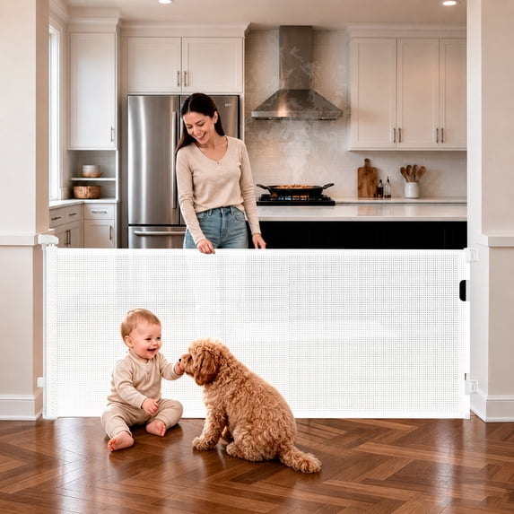 MONIRIXAR Retractable Baby Gate, 71" Extra Wide Mesh Dog Gate, 34" Tall, White