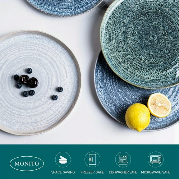 MONITO 10.5" Reactive Glaze Ceramic Dinner Plates Set of 4 - Microwave & Dishwasher Safe, Modern Round Stoneware for Desserts & Salads, Assorted Colors (Spiral Smudge)