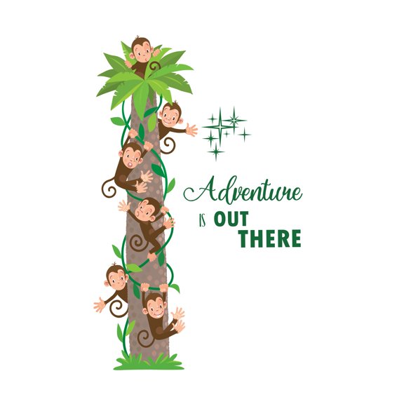MONKEYS - Adhesive Multicolored Animal Clipart Decoration Tree & Monkey Animals Design Adventure Is Out There Lettering Art Vinyl Home Bedroom Wall Decal Quote 6" x 10"