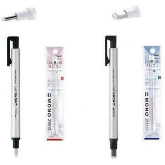 Tombow MONO Zero Pen-Style Eraser Refill Round Tip + Square Tip + 4 Refills (Black Barrel)