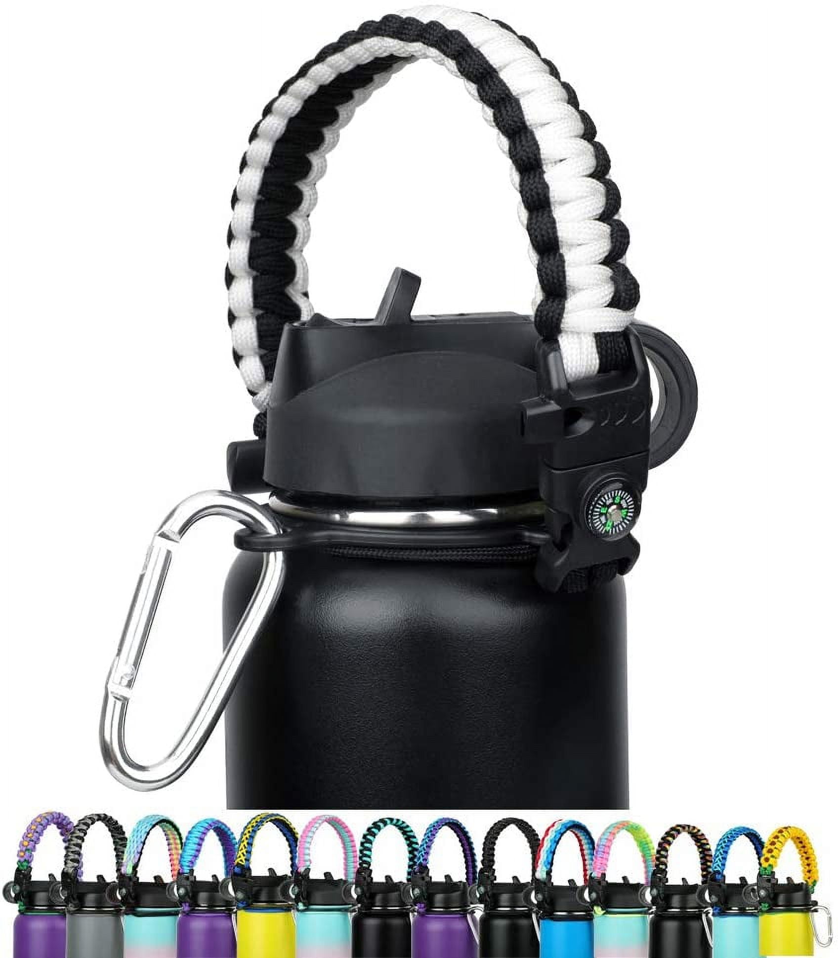 MONOBIN Paracord Handle - Fits Wide Mouth Bottles 12oz to 64oz - Durable  Carrier, Paracord Carrier Strap Cord with Safety Ring,Compass and Carabiner  - Ideal Water Bottle Handle Strap 