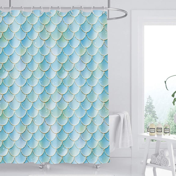 MONOJOY Mermaid Scale Shower Curtain, Ocean Themed Shower Curtain for Girls, Gold and Blue Shower Curtain Fantasy Backdrop Bathroom Decor with 12 Hooks, 72''W x 72''H