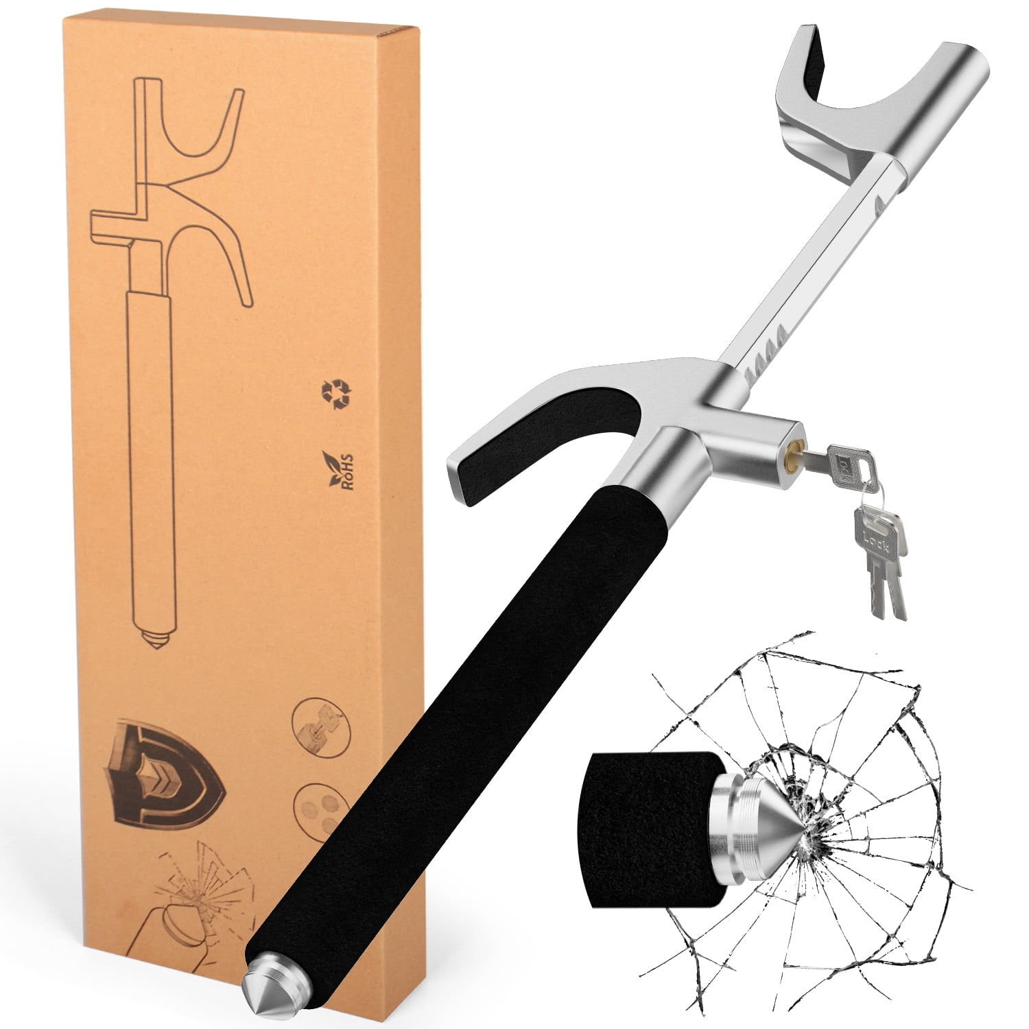 MONOJOY Steering Wheel Lock Universal Security Car Lock with Escape Hammer Retractable Wheel Locks Adjustable Anti-Theft Prevention Device with 3 Keys for Universal Fit Vehicles