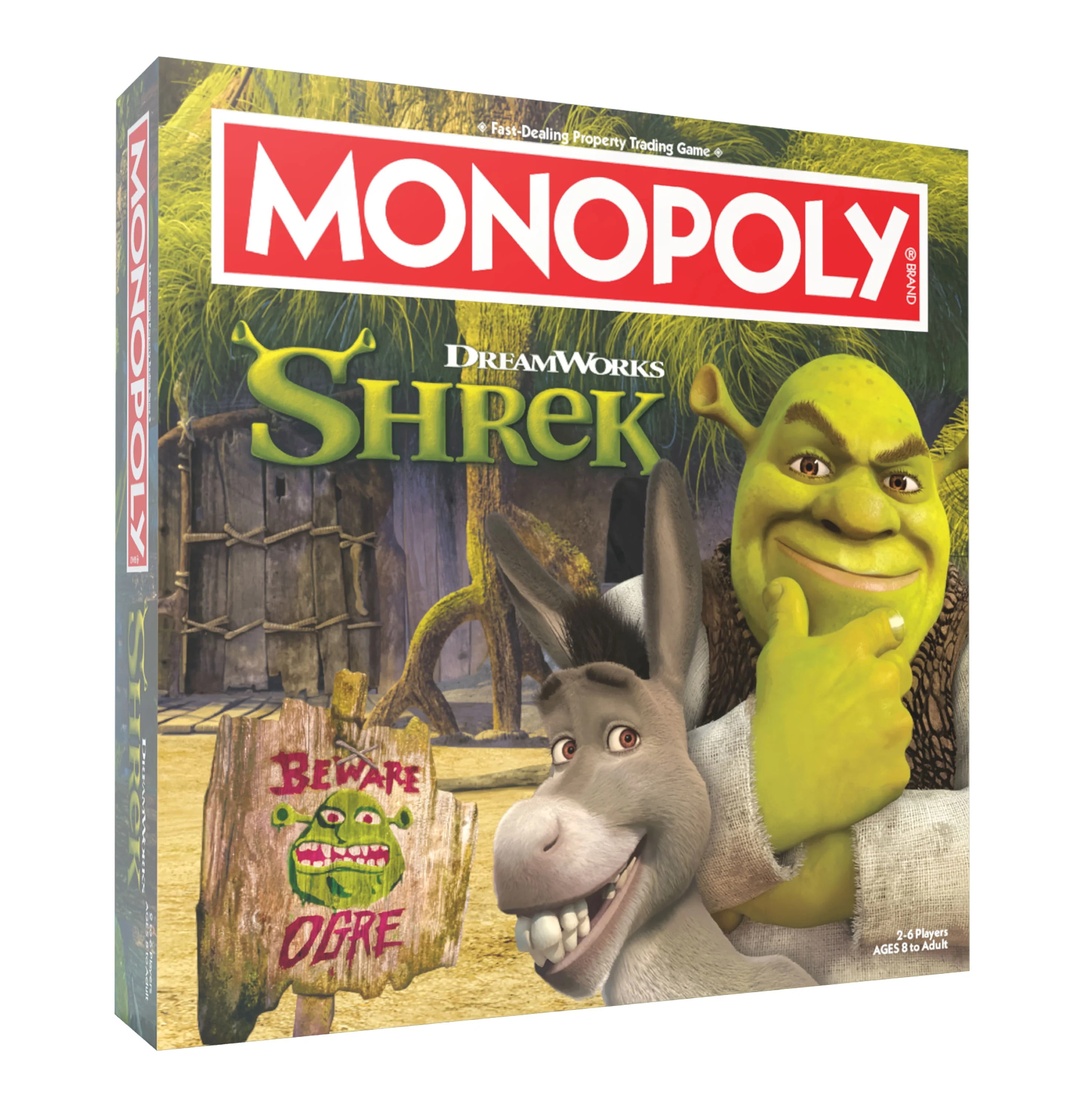 MONOPOLY: Shrek Edition Board Game, Buy, Sell & Trade, Iconic Fairy Tale Characters like Shrek, Donkey, Puss n Boots & More, Classic Family Game for Ages 8+, Officially Licensed DreamWorks Merchandise