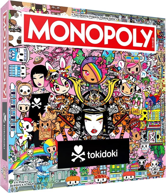 MONOPOLY: tokidoki Board Game, Buy, Sell & Trade Characters like Donutella, Mozzarella, & Stellina, Includes 6 Collectible Mover Tokens - Cactus Dog, Sirena, Adios & More,