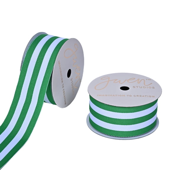 Gwen Studios 1.5" Green and White Monostripe Ribbon, 3 Yards