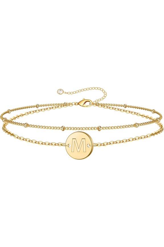 MONOZO Easter Basket Stuffers for Kids Teen Girls Gold Initial Bracelets - Dainty 18K Gold Plated Disc Monogram Letter A-Z Initial Bracelets for Women Letter Bracelet Birthday Easter Gifts for Women