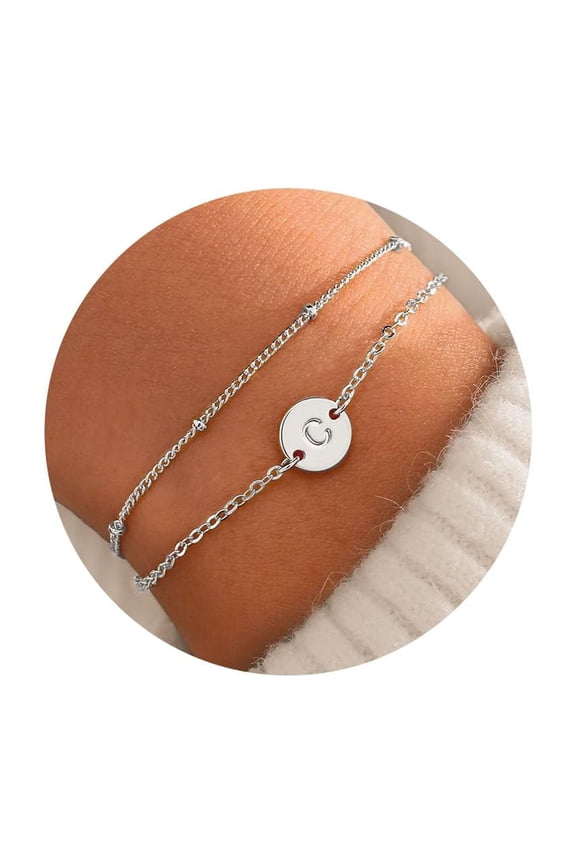 Silver Initial Bracelets for Women Jewelry Gifts Trendy - Dainty 18K-White-Gold-Plated Disc Monogram Letter C Initial Bracelet Personalized Silver Jewelry Gifts for Women Her C113