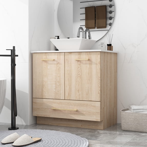 MONSLIPA 30 inch Bathroom Vanity with Sink, 2 Door Vanity Cabinet Sink Combo with Drawer, Oak