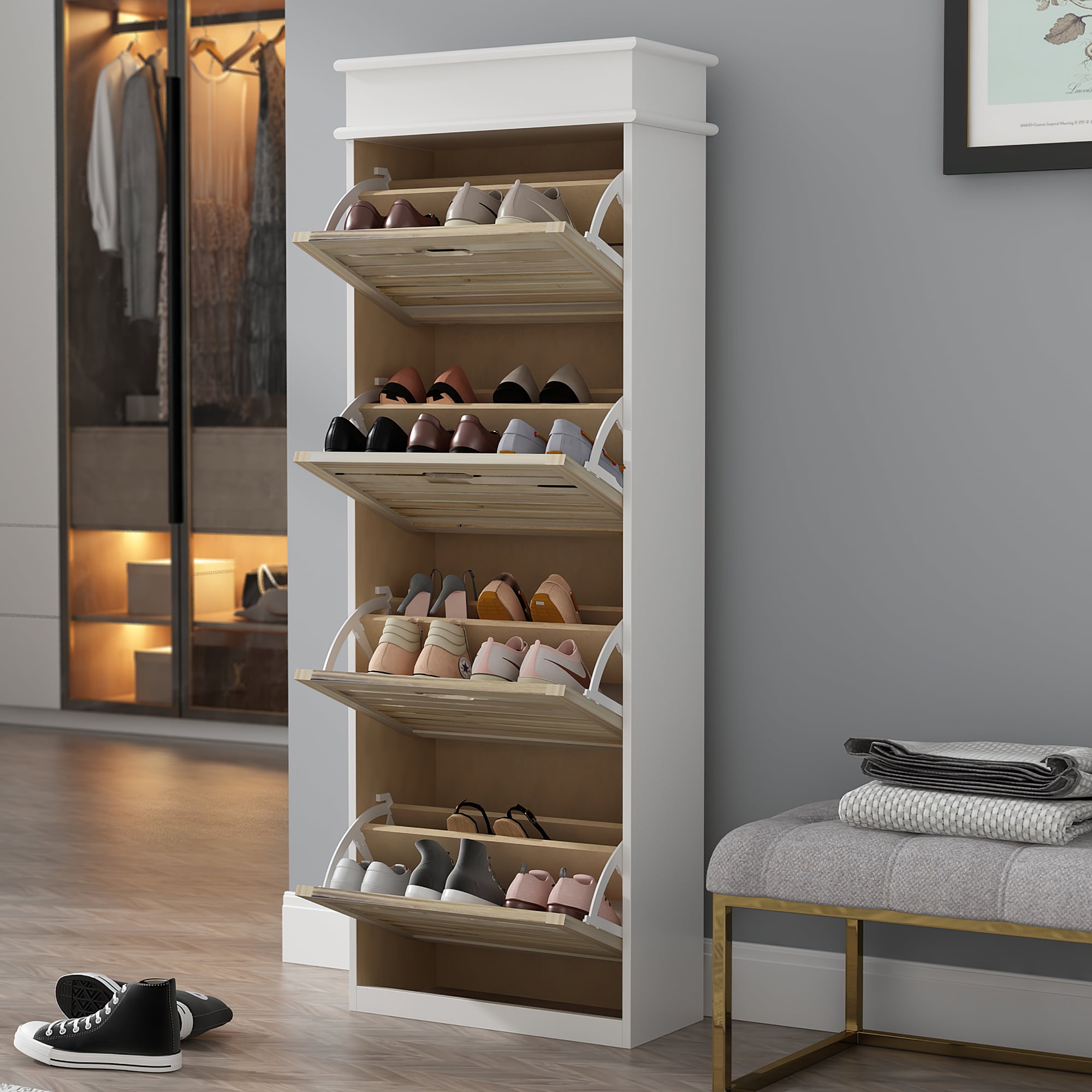 MONSLIPA 4 Tier Tall Shoe Cabinet Modern Wood Shoe Rack Storage Organizer for Entryway Hallway