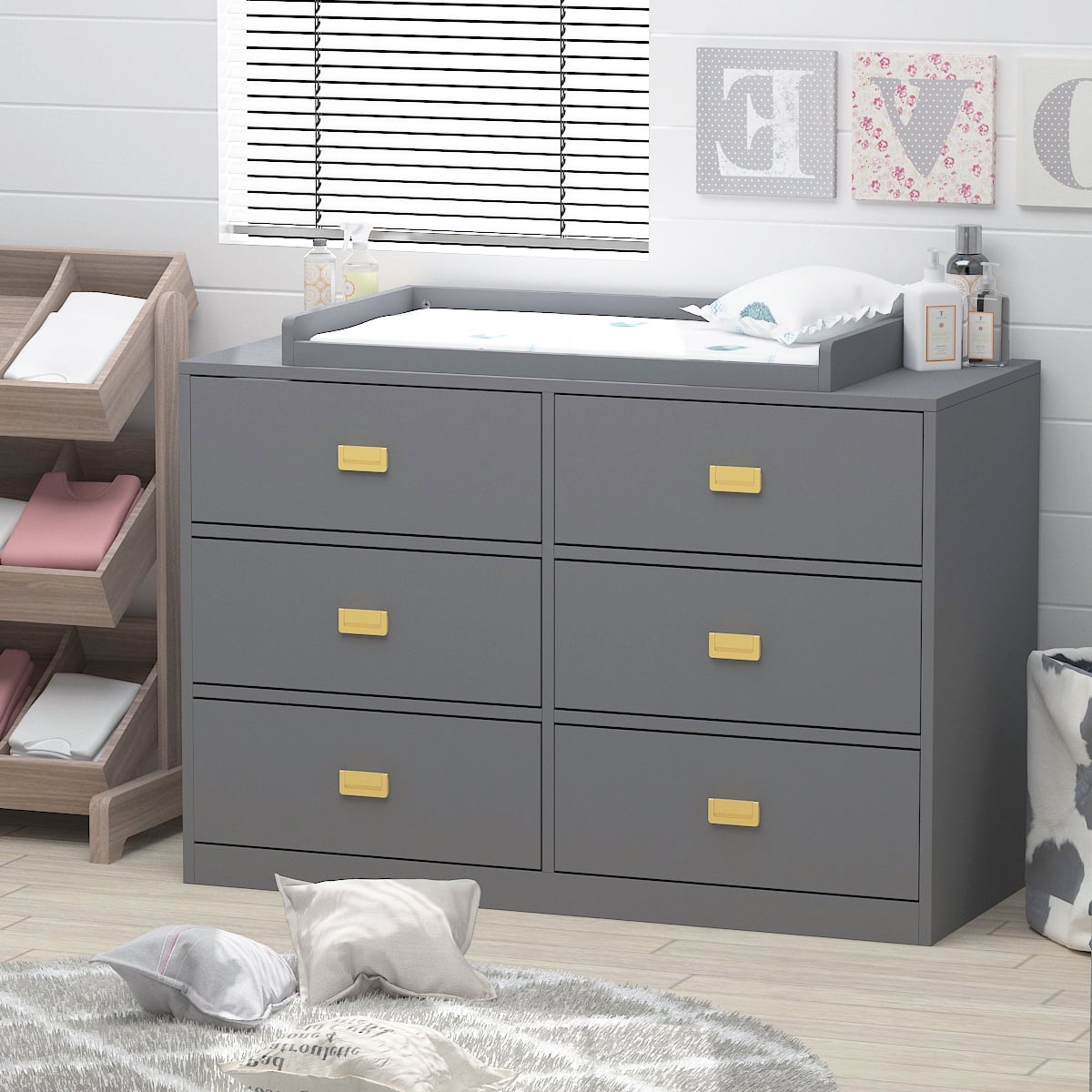 MONSLIPA 6 Drawer Double Dresser Wooden Nursery Dresser Chest with Changing Table Top Gray