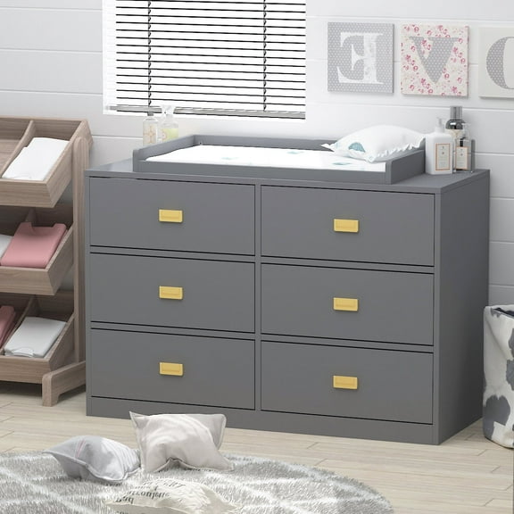 MONSLIPA 6 Drawer Double Dresser, Wooden Nursery Dresser Chest with Changing Table Top, Gray