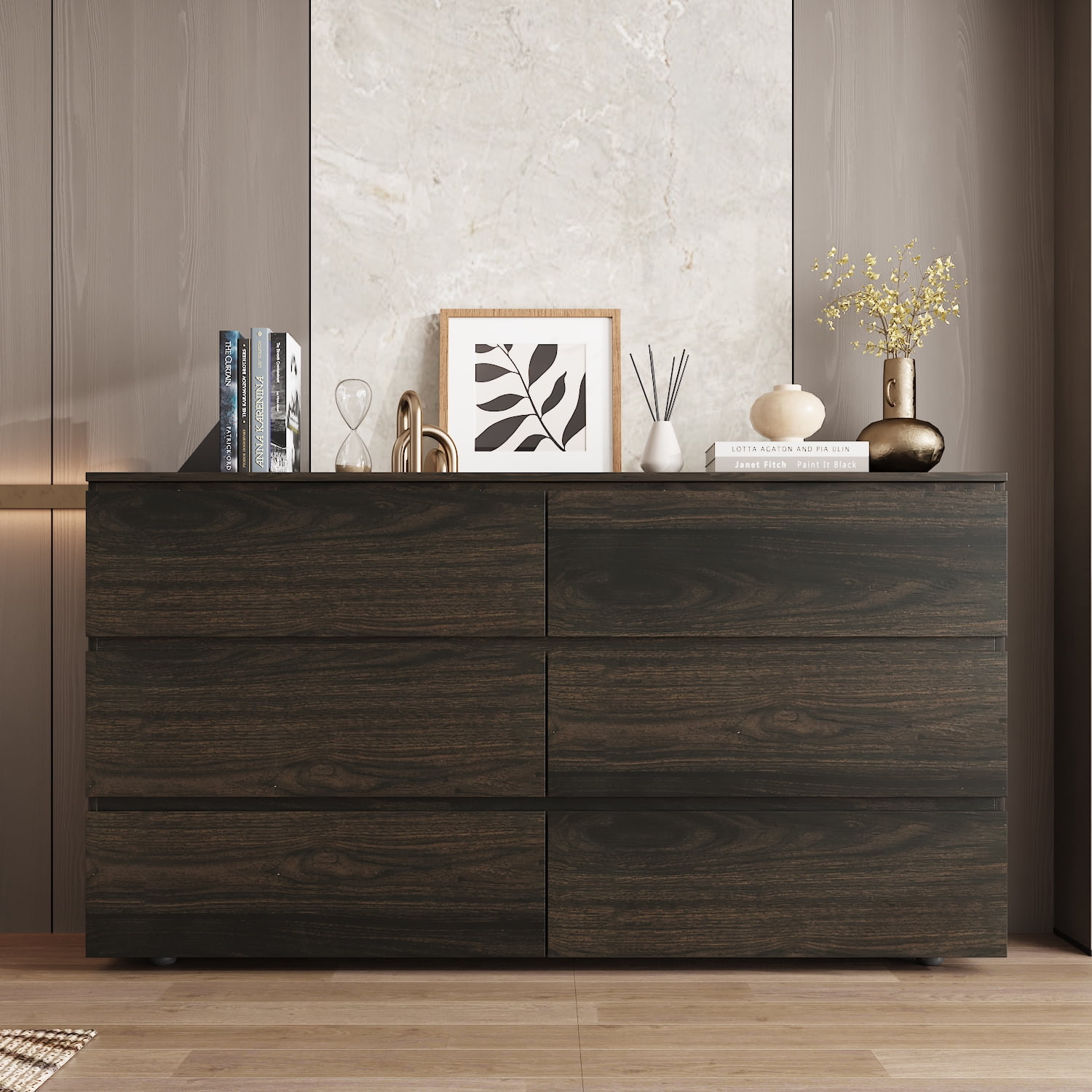 MONSLIPA 6 Drawer Dresser for Bedroom, Storage Organizer Chest of Drawers  for Living Room Hallway Entryway, Brown