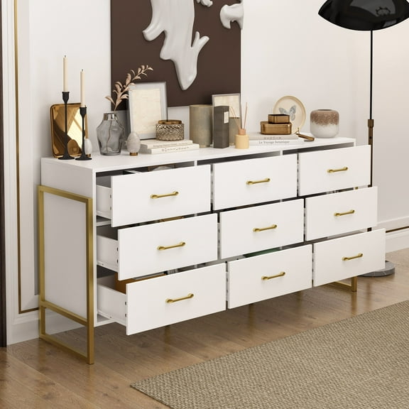 MONSLIPA 9 Drawer Dresser, Wide Chest Of Drawers Storage Dresser With Wood Top for Living Room, Bedroom, Hallway, White