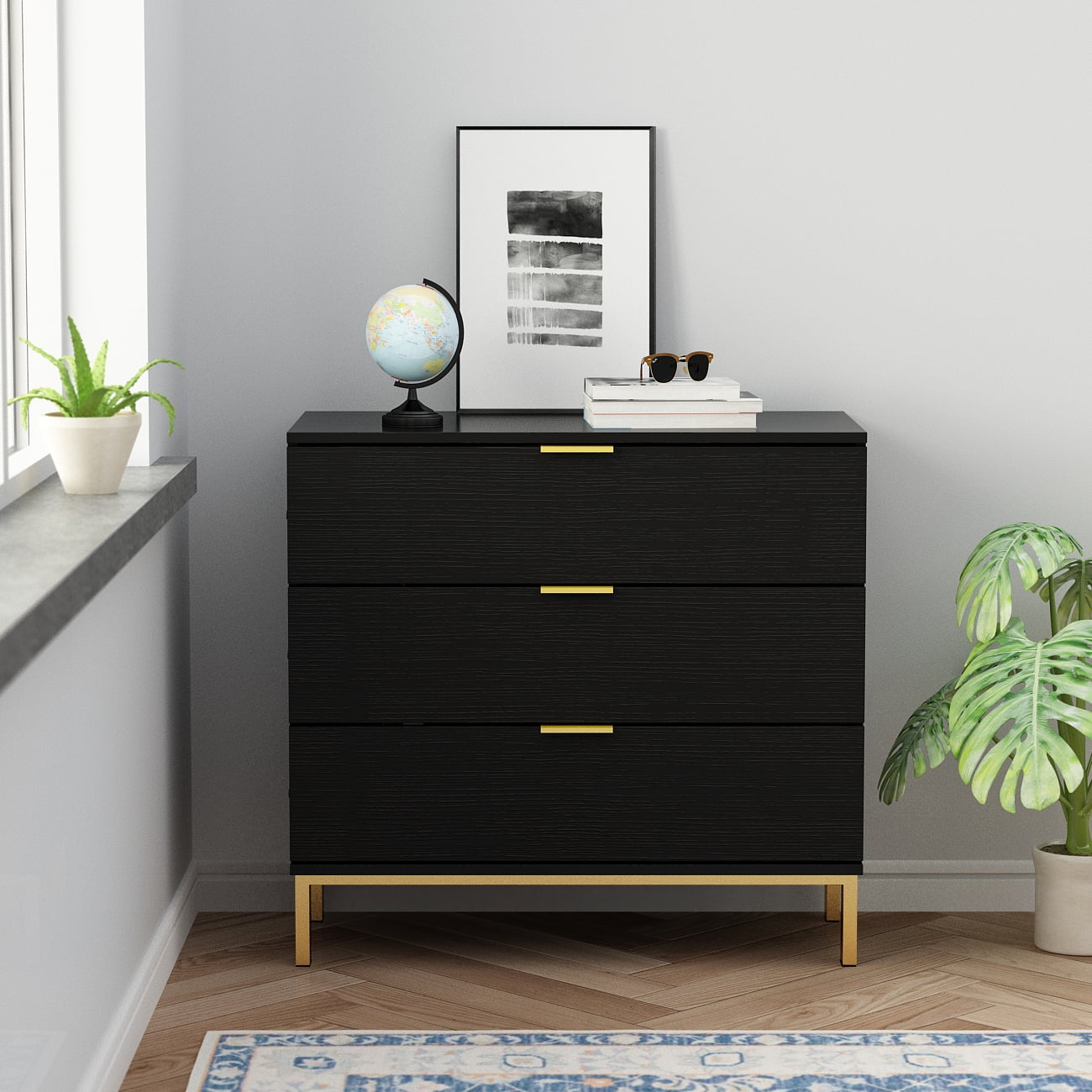 MONSLIPA Black Bedside Table 3 Drawer Dresser with Gold Metal Legs for Bedroom