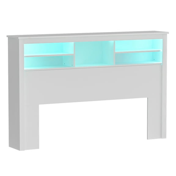 MONSLIPA Bookcase Headboard with LED Light and Remote, Wood Full Queen Bookcase Headboard with Storage Shelf White