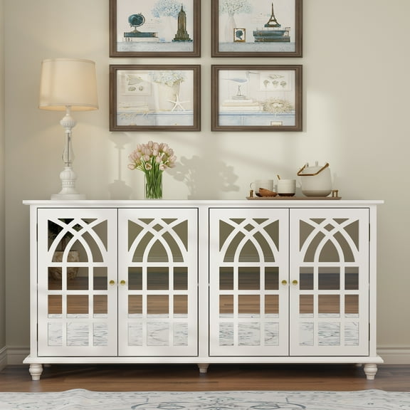 MONSLIPA Buffet Sideboard Accent Table, Console Table Storage Cabinet with Mirror Doors,White