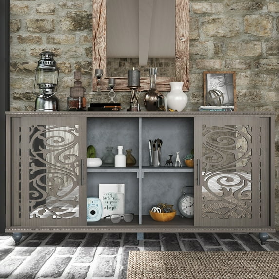 MONSLIPA Buffet Sideboard Accent Table, Console Table Storage Cabinet with Sliding Mirror Doors,Gray