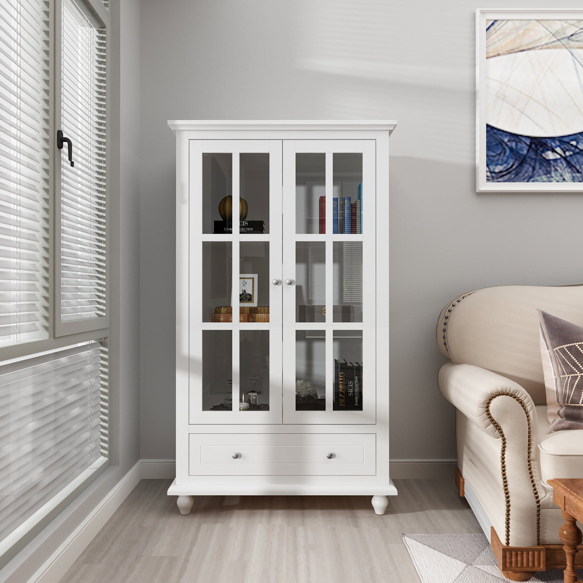 MONSLIPA Display Cabinet with 2 Tempered Glass Doors Storage Cabinet with 3 Shelves an 2 Deep Drawers White