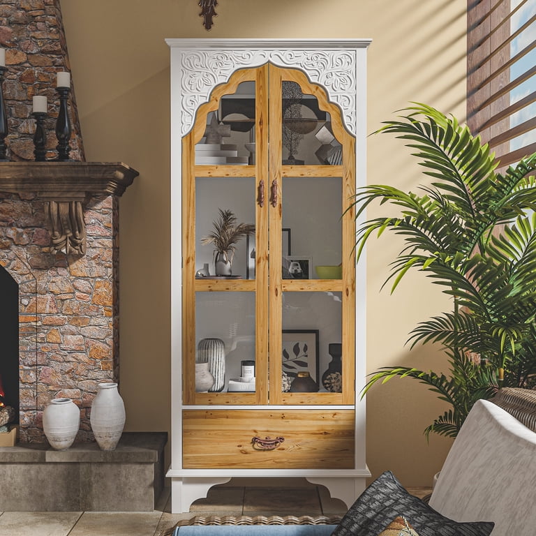 MONSLIPA Display Cabinet, Arched Glass Doors, 3-Tier Shelves