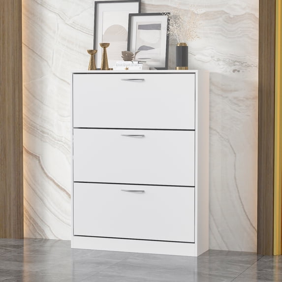 MONSLIPA Entryway Shoe Cabinet with 3 Tipping Bucket Drawers, 3-Tier Shoe Rack Storage Organizer, White