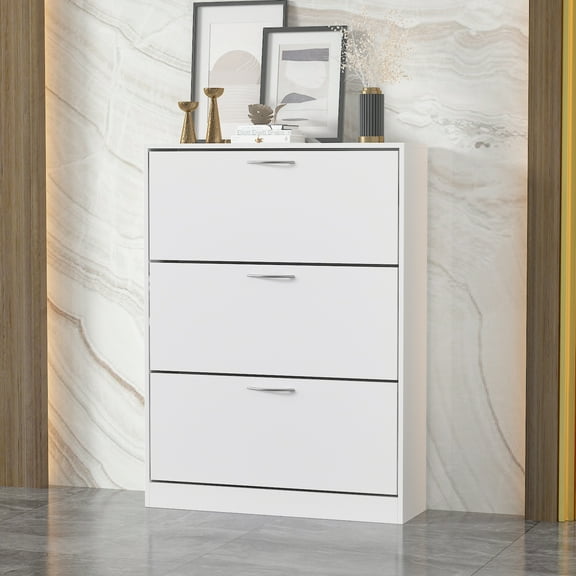 MONSLIPA Entryway Shoe Cabinet with 3 Tipping Bucket Drawers, 3-Tier Shoe Rack Storage Organizer, White
