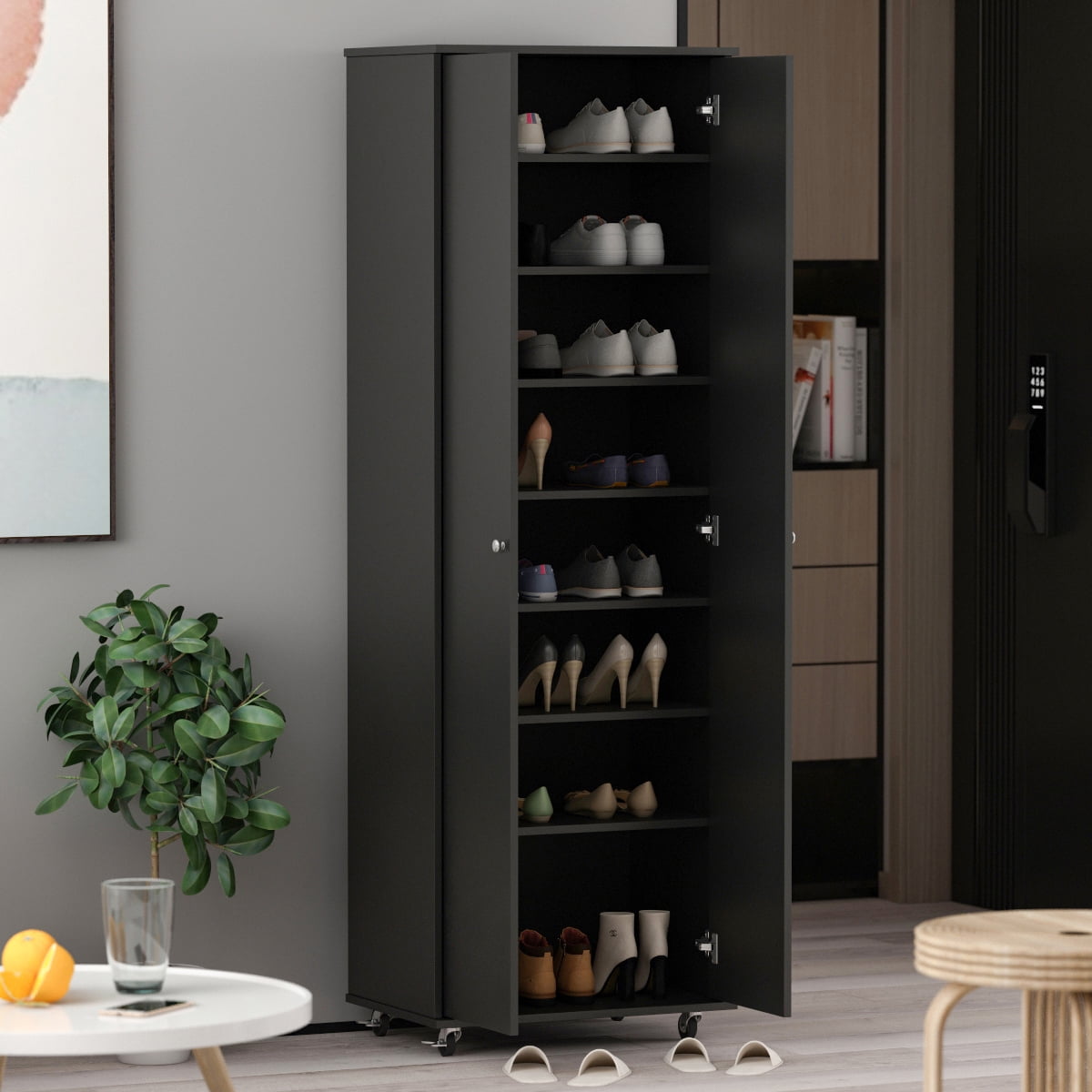 MONSLIPA Freestanding Tall Shoe Storage Cabinet 8 Tier Black Shoe Rack Organizer in Wheels for Entryway Easy to Move