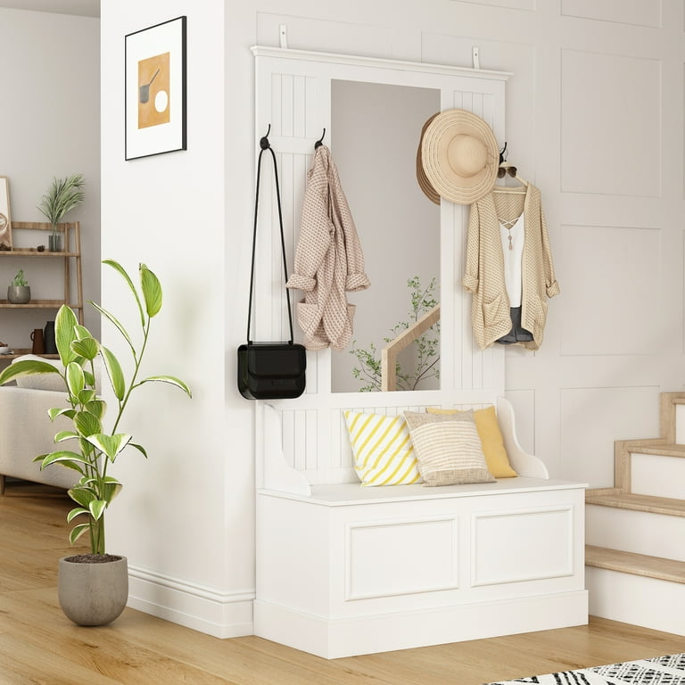 Entryway Bench With Mirror Coat Rack Stand Hall Tree With Mirror