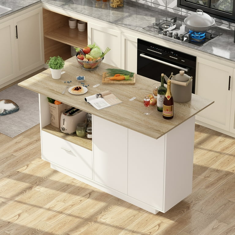 MONSLIPA Kitchen Island with Drop Leaf Countertop Kitchen Storage Cabinet with Open Shef and Drawer for Dining Room