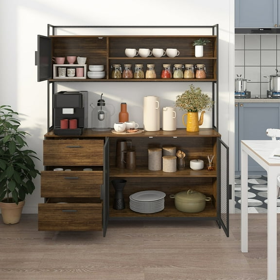 MONSLIPA Kitchen Pantry Storage Cabinet, Sideboard Buffet with Hutch, Metal Mesh Door and 3 Storage Drawers, Walnut