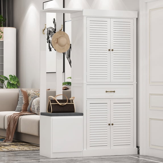 MONSLIPA Kitchen Pantry with Shutter Door, 71.6" Tall Storage Cabinet with Adjustable Shelves and Drawer, White