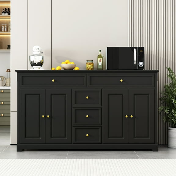 MONSLIPA Kitchen Storage Cabinet, White Buffet Server Cupboard, Floor Sideboard Cabinet with 4 Doors and 5 Drawers for Living Room, Black