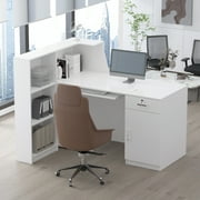 MONSLIPA L-Shape Reception Desk, Home Office Desk with Keyboard Tray, Open Shelves and Lockable Drawer,55 inch
