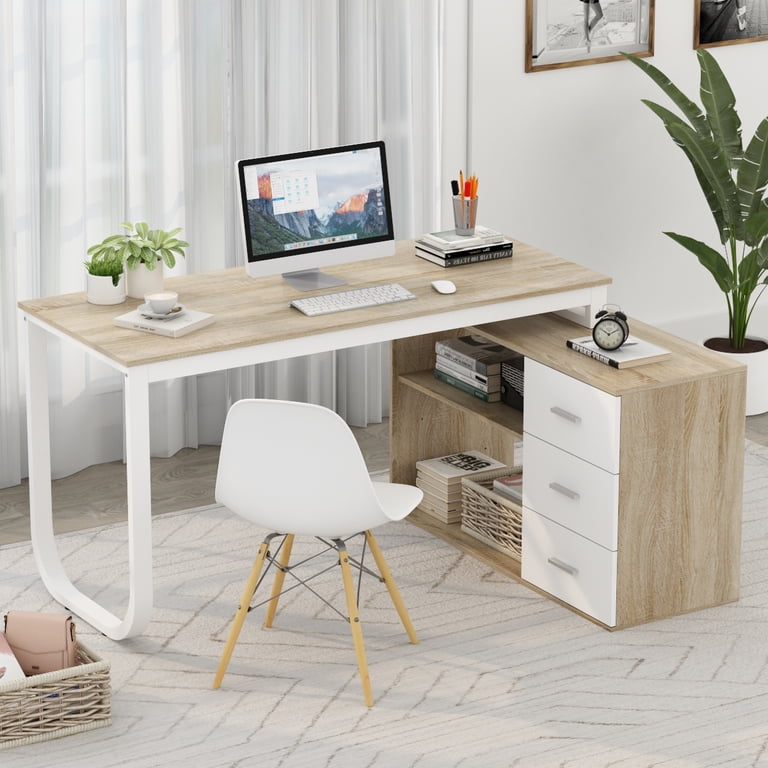 MONSLIPA, L Shaped Desk with Storage Shelf and 3 Drawers, 55