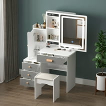 MONSLIPA Makeup Vanity Desk Set, Sturdy Dressing Table w/Lighted Mirror, Stool, Shelves & Drawers