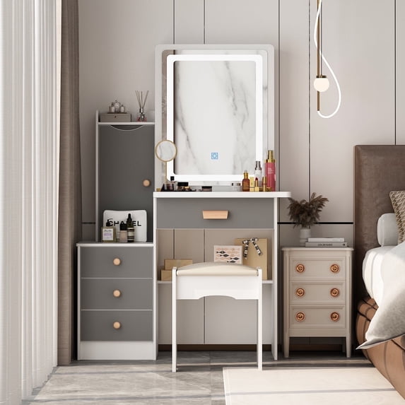 MONSLIPA Makeup Vanity Desk Set w/ Light, Sturdy Dressing Vanity Table with Bench, Shelves & Drawers