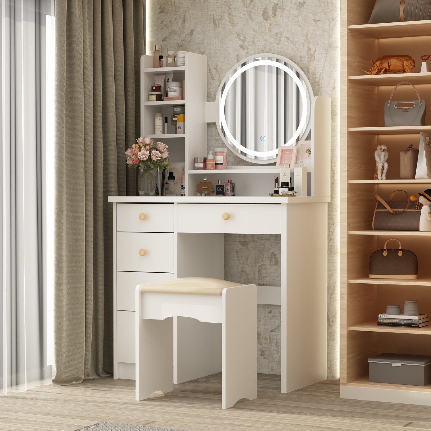 MONSLIPA Vanity Dressing Table w/Drawers, Shelves, Lighted